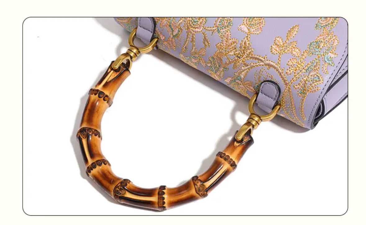Ladies Cowhide Embroidery Bamboo Handbag