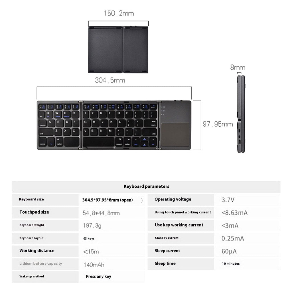 Mini Tri‑Fold Bluetooth Keyboard – Portable Thin Touch Keyboard