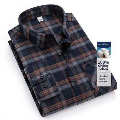 Retro Brushed Long-Sleeve Casual Cotton Plaid Shirt
