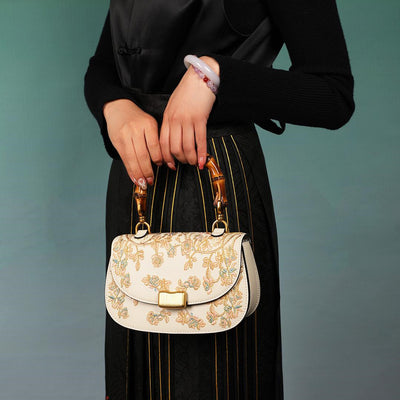 Ladies Cowhide Embroidery Bamboo Handbag