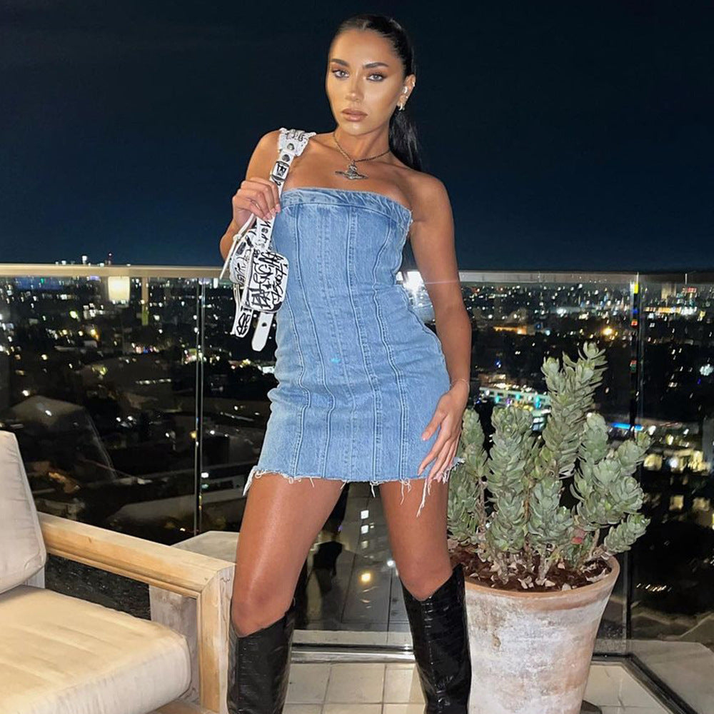 Fashion Backless Tube Denim Dress