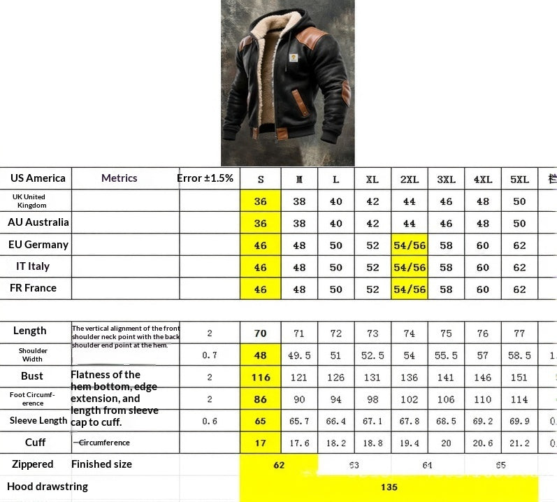 Mens Fleece-Lined Thickened Loose-Fit Wrinkle-Resistant Hooded Jacket