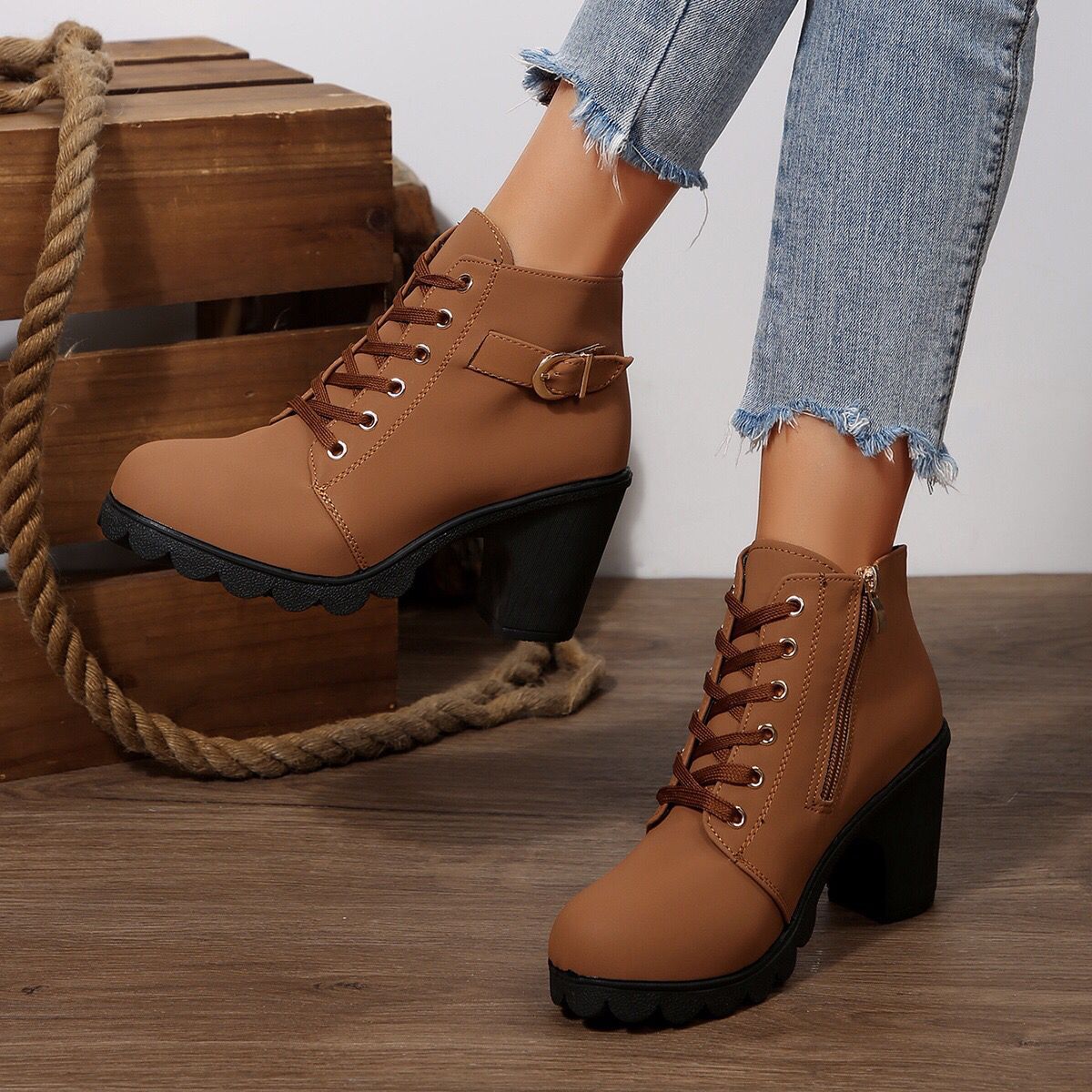 Women’s Cross-Tie Chunky Heel Ankle Boots