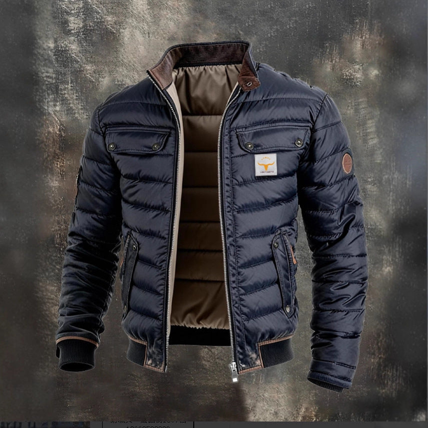 Vintage Leather Quilted Patchwork Thermal Zip-Up Outdoor Jacket