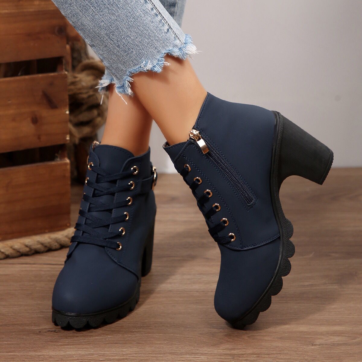 Women’s Cross-Tie Chunky Heel Ankle Boots