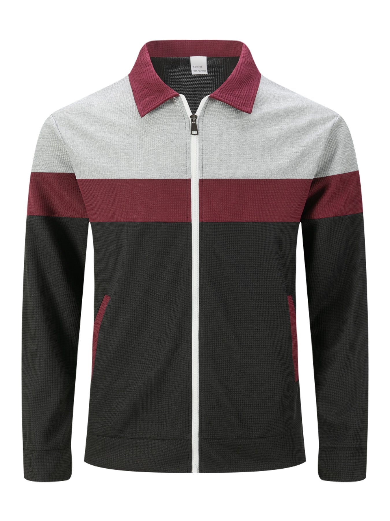 Waffle Knit Colorblock Cardigan – Notched Collar & Zippered Pockets