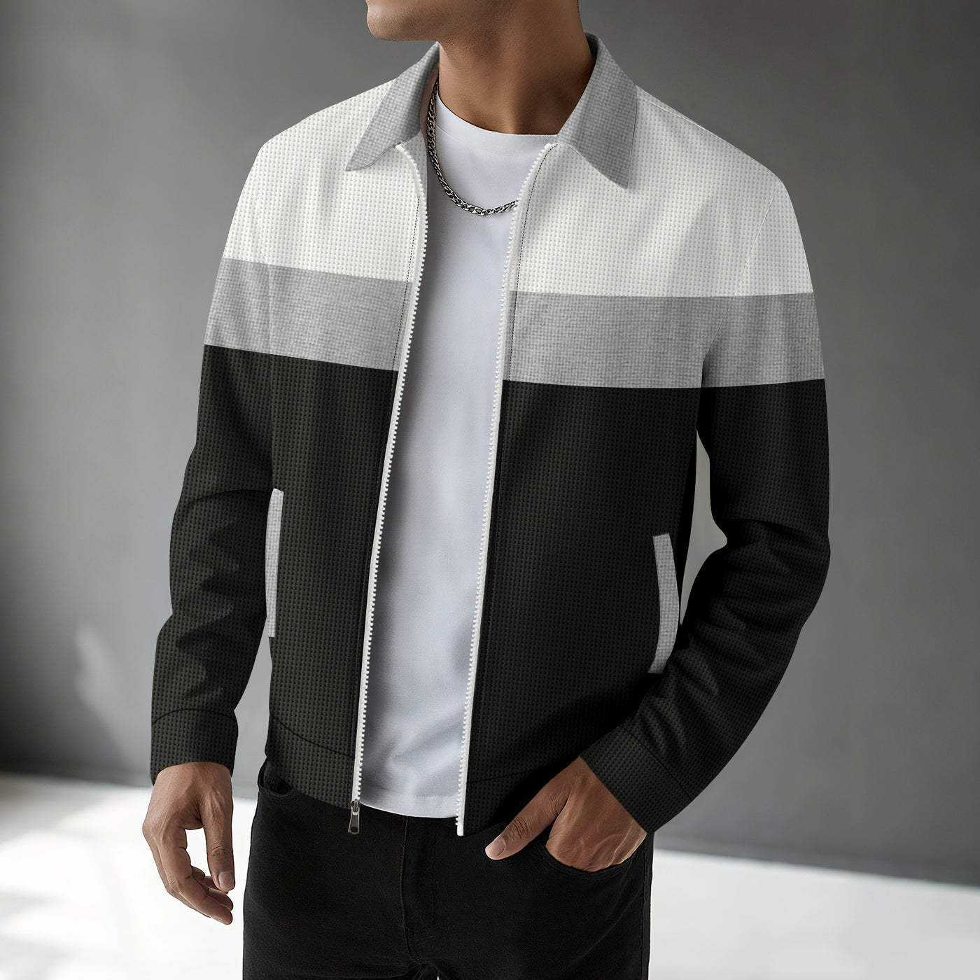 Waffle Knit Colorblock Cardigan – Notched Collar & Zippered Pockets