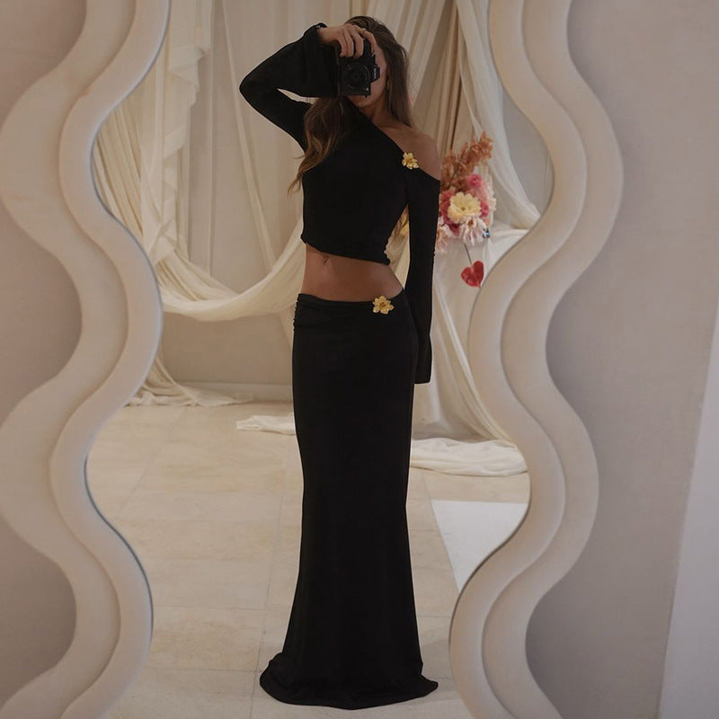 Slim Oblique Shoulder Skirt Suit