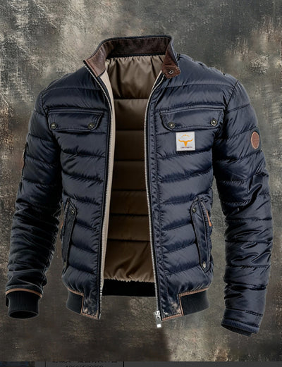 Vintage Leather Quilted Patchwork Thermal Zip-Up Outdoor Jacket