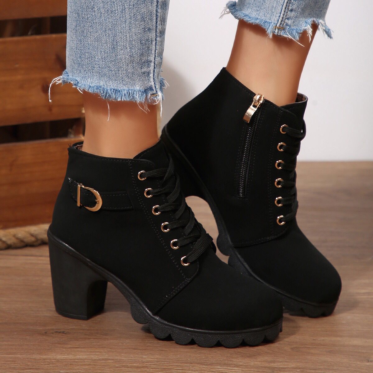 Women’s Cross-Tie Chunky Heel Ankle Boots