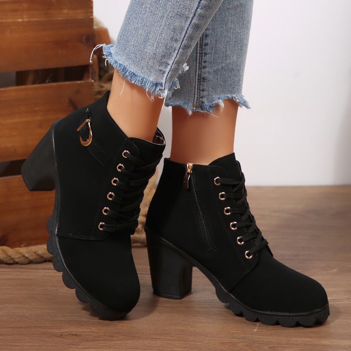 Women’s Cross-Tie Chunky Heel Ankle Boots