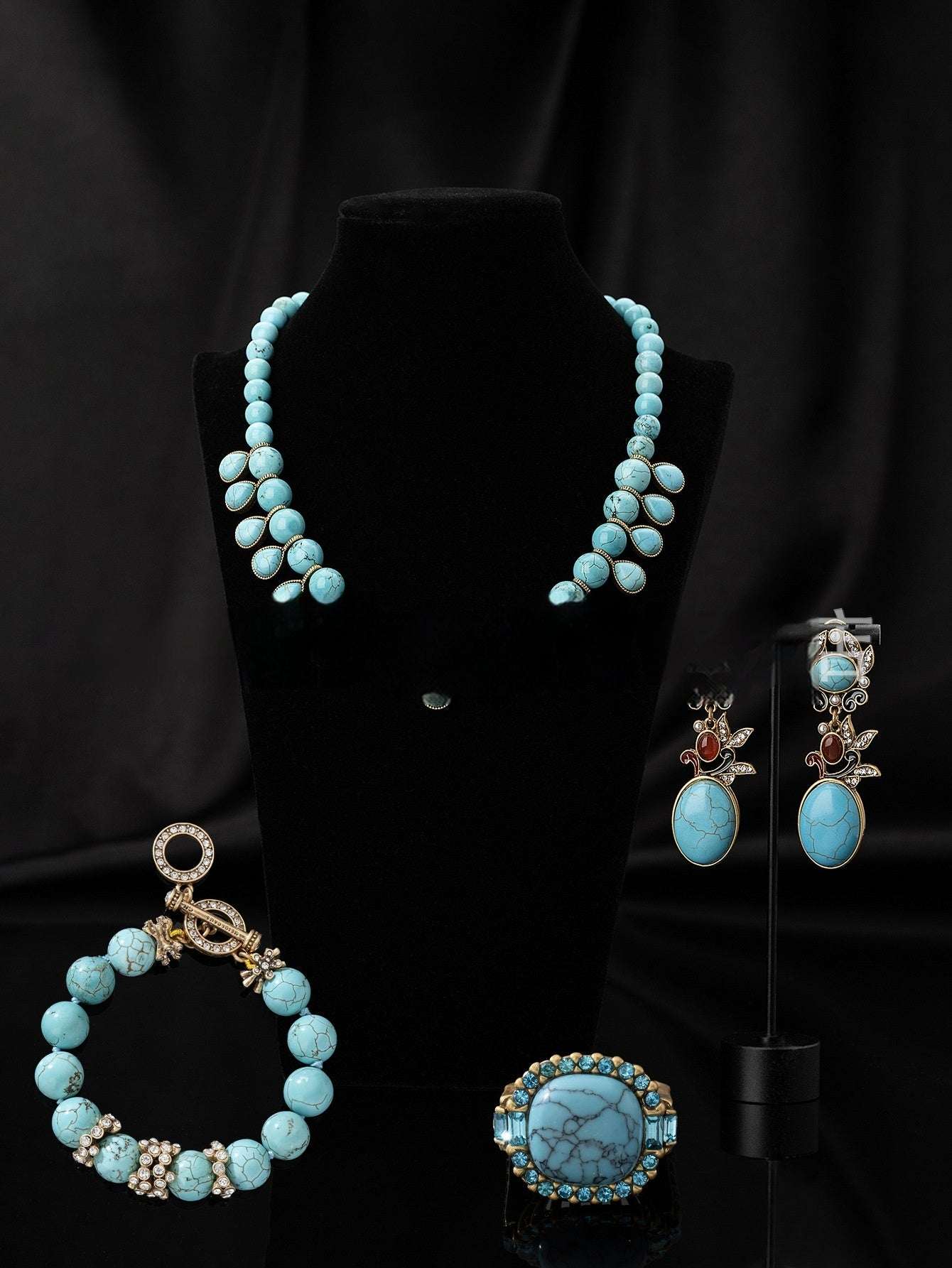 Retro Turquoise Jewelry Set – European & American Style Necklace, Earrings & Bracelet