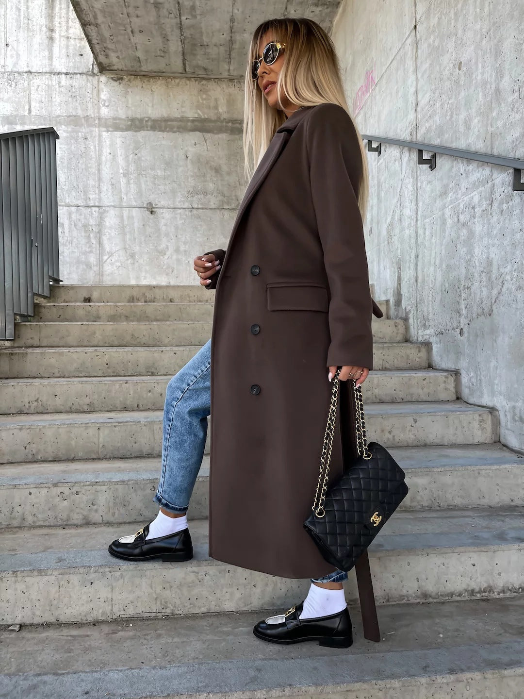 Double-Breasted Lapel Split Jacket with Belt