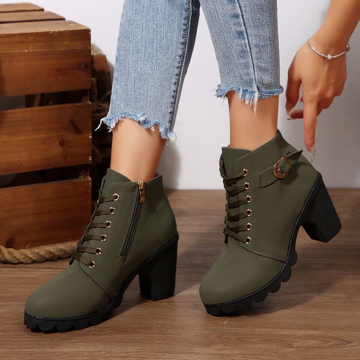 Women’s Cross-Tie Chunky Heel Ankle Boots