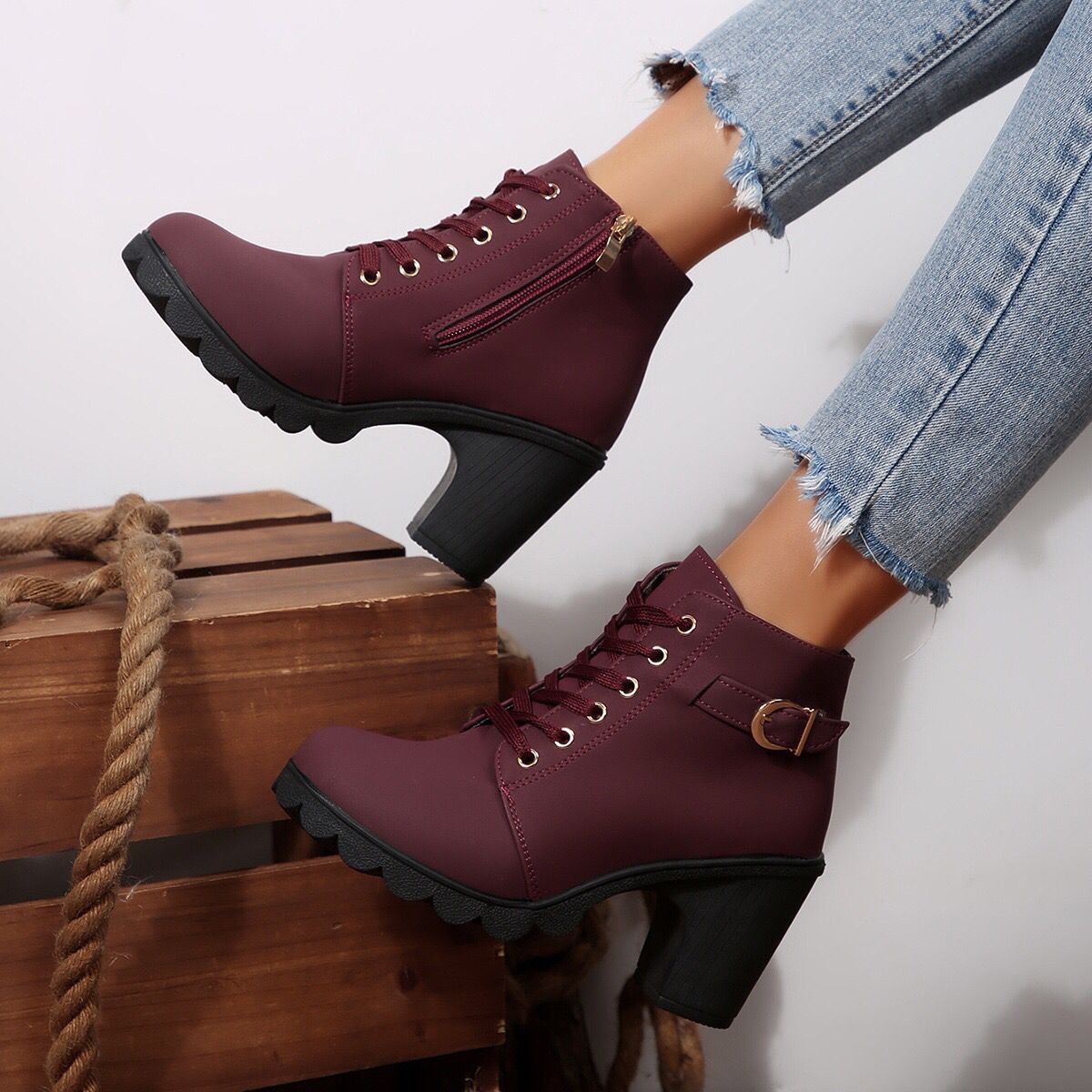 Women’s Cross-Tie Chunky Heel Ankle Boots