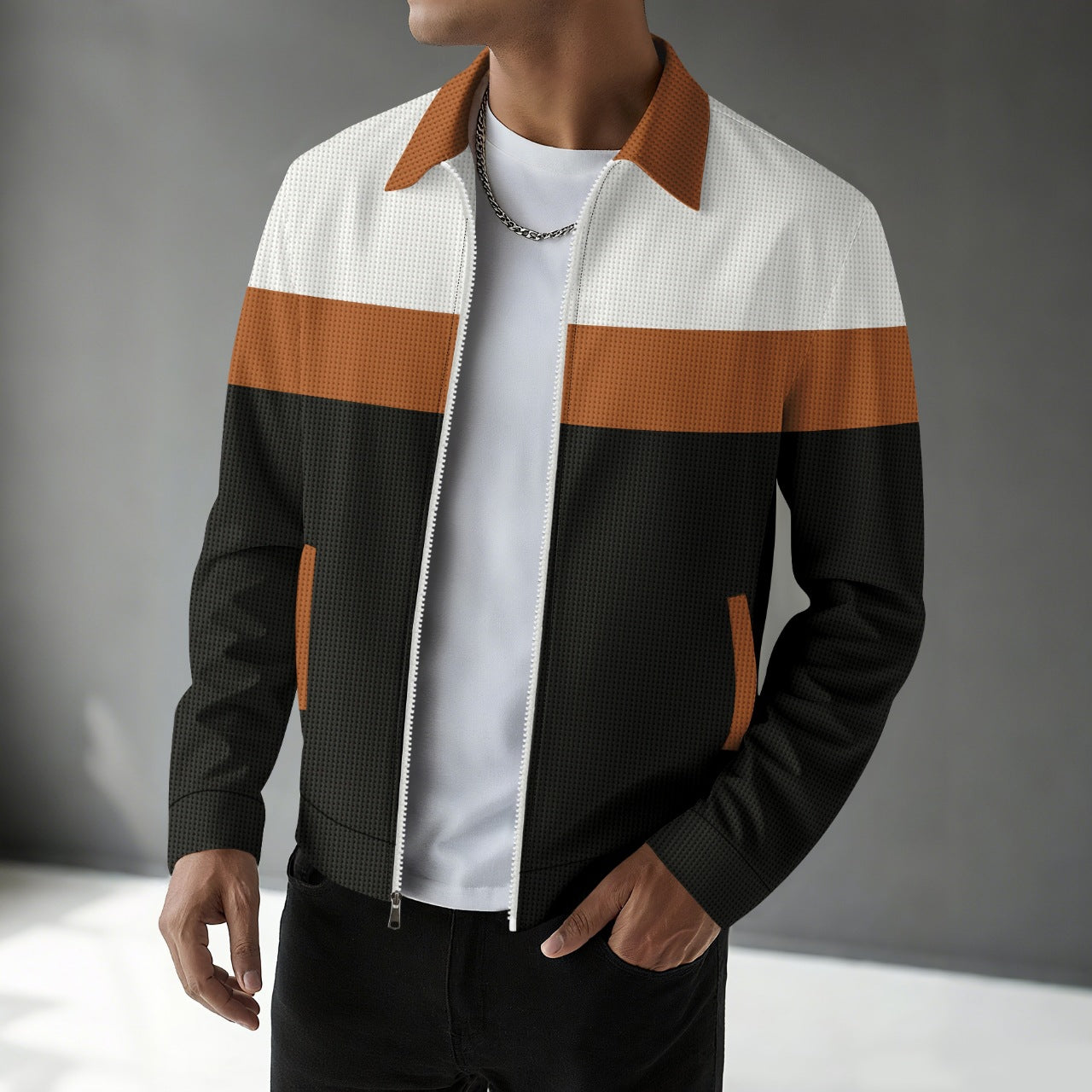 Waffle Knit Colorblock Cardigan – Notched Collar & Zippered Pockets