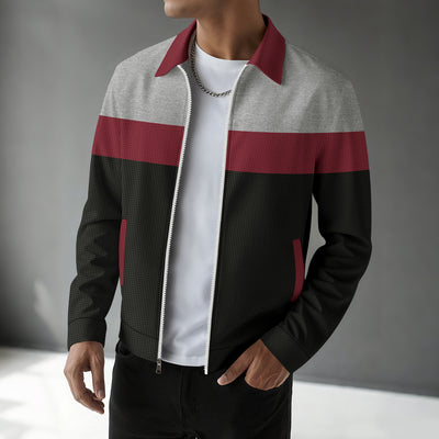 Waffle Knit Colorblock Cardigan – Notched Collar & Zippered Pockets