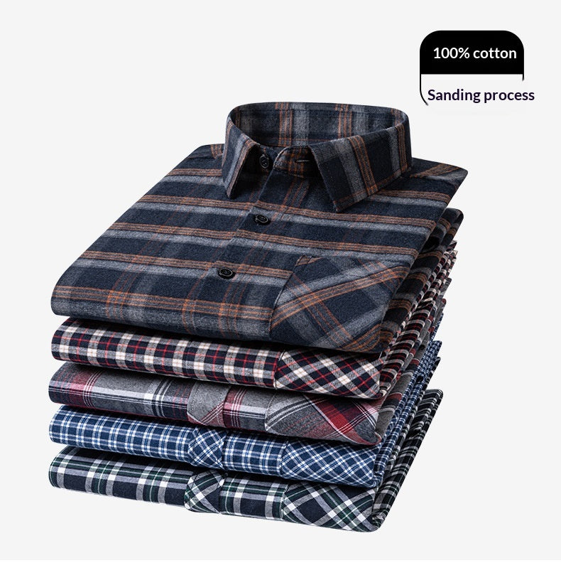 Retro Brushed Long-Sleeve Casual Cotton Plaid Shirt